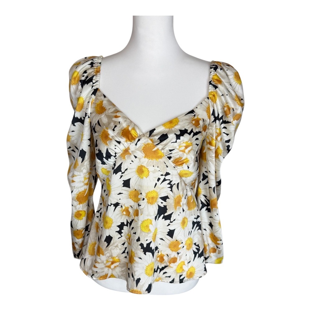 ZARA Floral Daisy Puff Sleeve Sweetheart Neck Smocked Satin Blouse Yellow Small